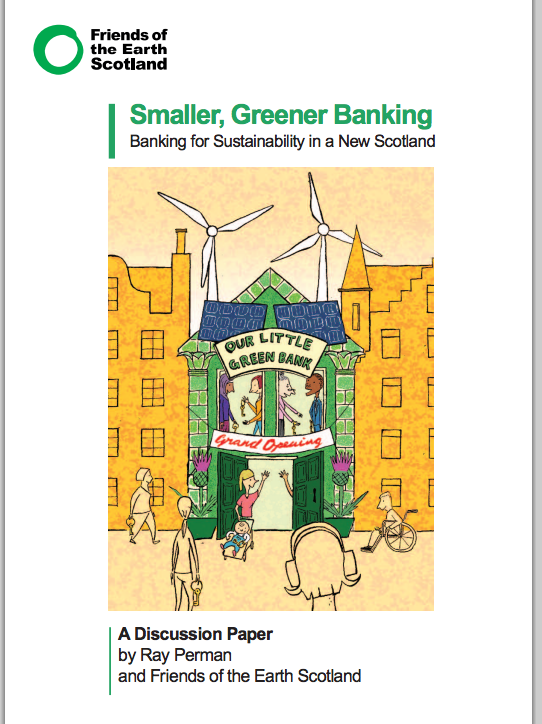 Cover of Smaller Greener Banking, a drawing with windmills behind a welcoming building