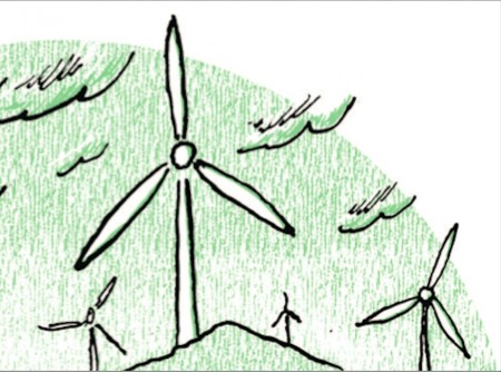 A drawing of windmills, black outlines against a green hilly background